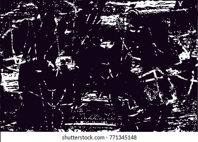 Print distress background in black and white texture with  dark spots, scratches and lines. Abstract vector illustration