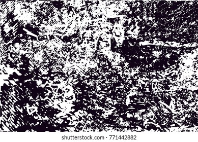 Print distress background in black and white texture with  dark spots, scratches and lines. Abstract vector illustration
