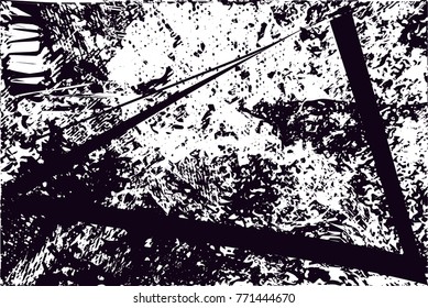 Print distress background in black and white texture with  dark spots, scratches, triangle  and lines. Abstract vector illustration