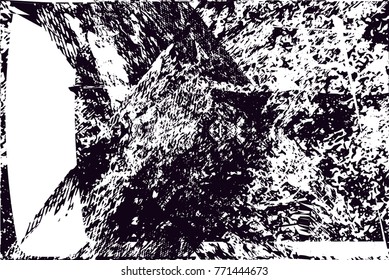 Print distress background in black and white texture with  dark spots, scratches and lines. Abstract vector illustration