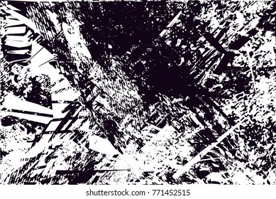 Print distress background in black and white texture with  dark spots, scratches and lines. Abstract vector illustration
