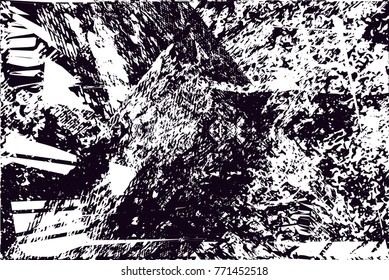 Print distress background in black and white texture with  dark spots, scratches and lines. Abstract vector illustration