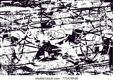 Print distress background in black and white texture with  dark spots, scratches and lines. Abstract vector illustration