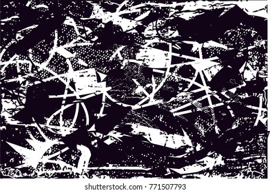 Print distress background in black and white texture with  dark spots, scratches and lines. Abstract vector illustration