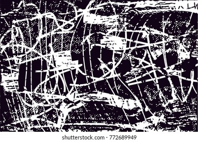 Print distress background in black and white texture with  dark spots, scratches and lines. Abstract vector illustration