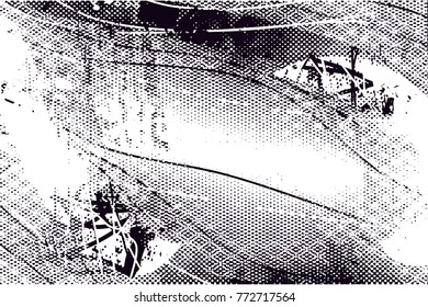 Print distress background in black and white texture with  dark spots, scratches and lines. Abstract vector illustration
