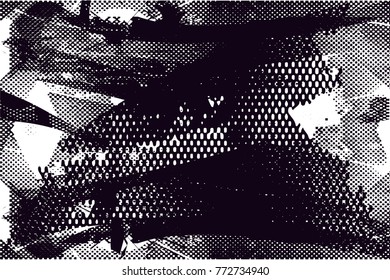 Print distress background in black and white texture with  dark spots, scratches and lines. Abstract vector illustration