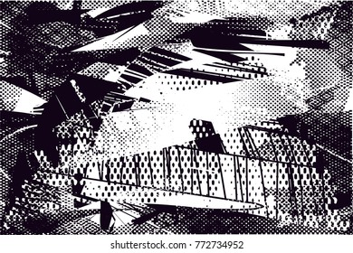 Print distress background in black and white texture with  dark spots, scratches and lines. Abstract vector illustration