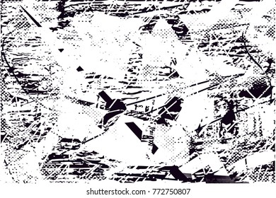 Print distress background in black and white texture with  dark spots, scratches and lines. Abstract vector illustration