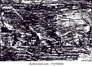 Print distress background in black and white texture with  dark spots, scratches and lines. Abstract vector illustration