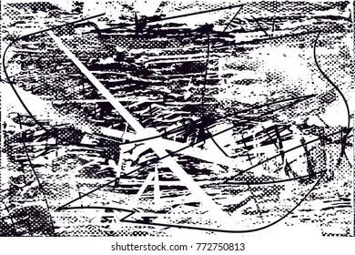 Print distress background in black and white texture with  dark spots, scratches and lines. Abstract vector illustration