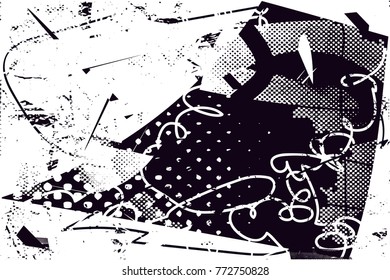 Print distress background in black and white texture with  dark spots, scratches and lines. Abstract vector illustration