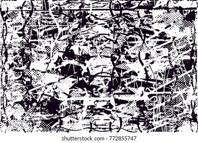 Print distress background in black and white texture with  dark spots, scratches and lines. Abstract vector illustration