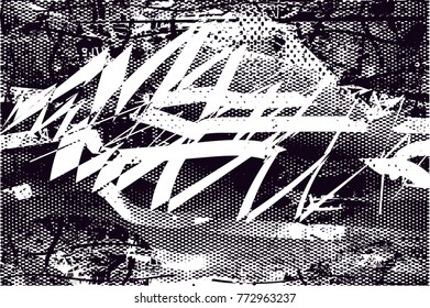 Print distress background in black and white texture with  dark spots, scratches and lines. Abstract vector illustration