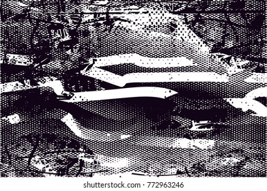 Print distress background in black and white texture with  dark spots, scratches and lines. Abstract vector illustration