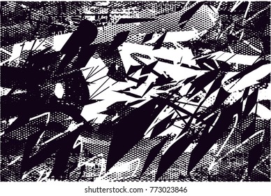 Print distress background in black and white texture with  dark spots, scratches and lines. Abstract vector illustration