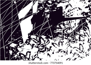 Print distress background in black and white texture with  dark spots, scratches and lines. Abstract vector illustration