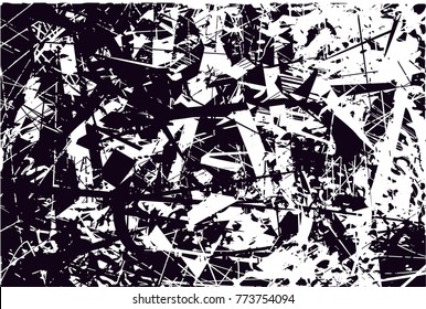Print distress background in black and white texture with  dark spots, scratches and lines. Abstract vector illustration