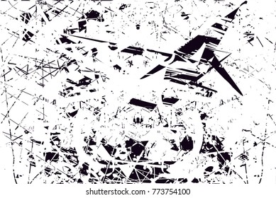 Print distress background in black and white texture with  dark spots, scratches and lines. Abstract vector illustration