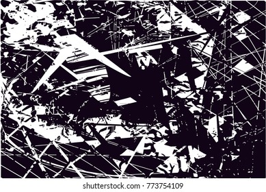 Print distress background in black and white texture with  dark spots, scratches and lines. Abstract vector illustration