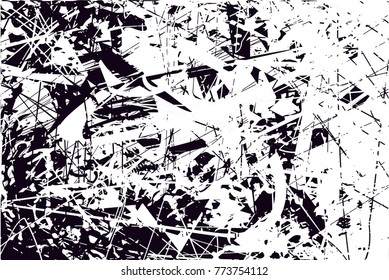 Print distress background in black and white texture with  dark spots, scratches and lines. Abstract vector illustration