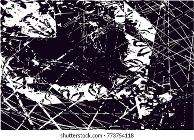 Print distress background in black and white texture with  dark spots, scratches and lines. Abstract vector illustration