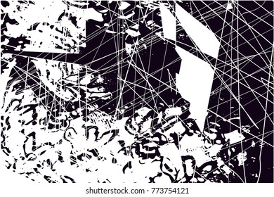 Print distress background in black and white texture with  dark spots, scratches and lines. Abstract vector illustration