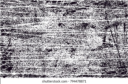 Print distress background in black and white texture with  dark spots, scratches and lines. Abstract vector illustration