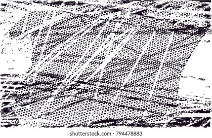 Print distress background in black and white texture with  dark spots, scratches and lines. Abstract vector illustration