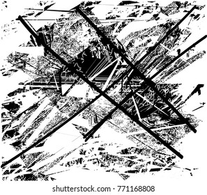 Print distressed background in black and white texture with  dark spots, scratches and lines. Abstract vector illustration