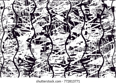 Print distressed background in black and white texture with  dark spots, scratches and lines. Abstract vector illustration