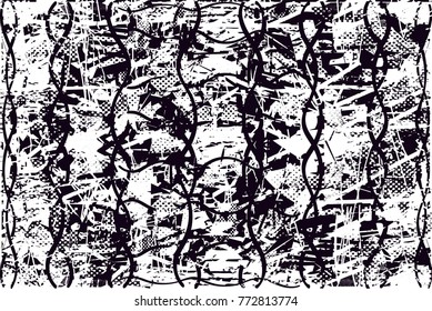 Print distressed background in black and white texture with  dark spots, scratches and lines. Abstract vector illustration