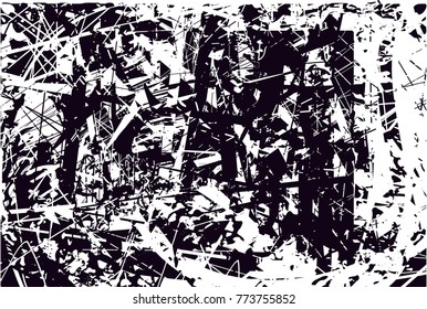 Print distressed background in black and white texture with  dark spots, scratches and lines. Abstract vector illustration