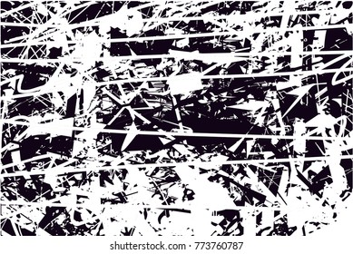 Print distressed background in black and white texture with  dark spots, scratches and lines. Abstract vector illustration