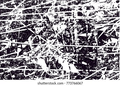 Print distressed background in black and white texture with  dark spots, scratches and lines. Abstract vector illustration