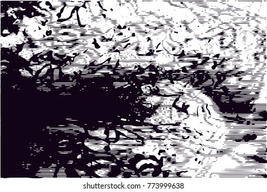 Print distressed background in black and white texture with  dark spots, scratches and lines. Abstract vector illustration