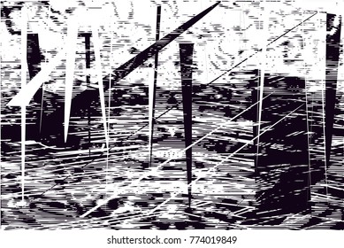Print distressed background in black and white texture with  dark spots, scratches and lines. Abstract vector illustration