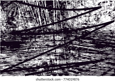 Print distressed background in black and white texture with  dark spots, scratches and lines. Abstract vector illustration