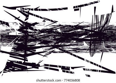 Print distressed background in black and white texture with  dark spots, scratches and lines. Abstract vector illustration