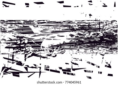 Print distressed background in black and white texture with  dark spots, scratches and lines. Abstract vector illustration