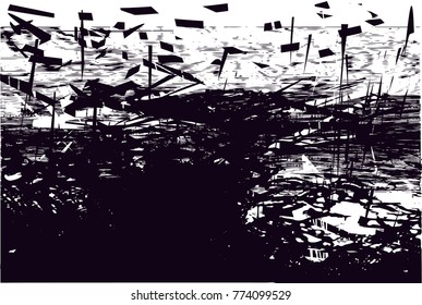 Print distressed background in black and white texture with  dark spots, scratches and lines. Abstract vector illustration