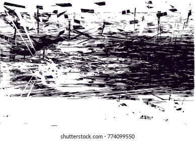Print distressed background in black and white texture with  dark spots, scratches and lines. Abstract vector illustration