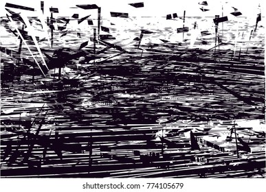 Print distressed background in black and white texture with  dark spots, scratches and lines. Abstract vector illustration