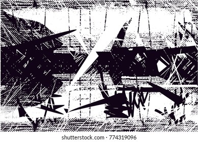 Print distressed background in black and white texture with  dark spots, scratches and lines. Abstract vector illustration