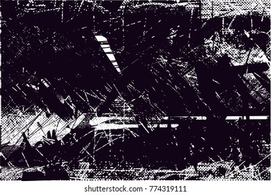 Print distressed background in black and white texture with  dark spots, scratches and lines. Abstract vector illustration