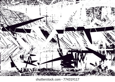 Print distressed background in black and white texture with  dark spots, scratches and lines. Abstract vector illustration