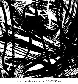 Print distressed background in black and white texture with  dark spots, scratches and lines. Abstract vector illustration