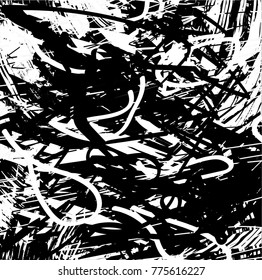 
Print distressed background in black and white texture with  dark spots, scratches and lines. Abstract vector illustration
