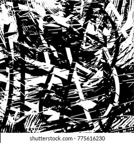 
Print distressed background in black and white texture with  dark spots, scratches and lines. Abstract vector illustration