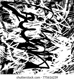 Print distressed background in black and white texture with  dark spots, scratches and lines. Abstract vector illustration